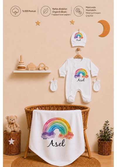 Pia Baby Kız Bebek Hastane Çıkışı 6 Parça %100 Pamuk İsme Özel Kese Hediyeli Tulum Şapka Eldiven Seti 1019tybk0x Krem