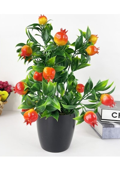 Yapay Çiçek Nar Ağacı Siyah Saksıda Nar 30Cm