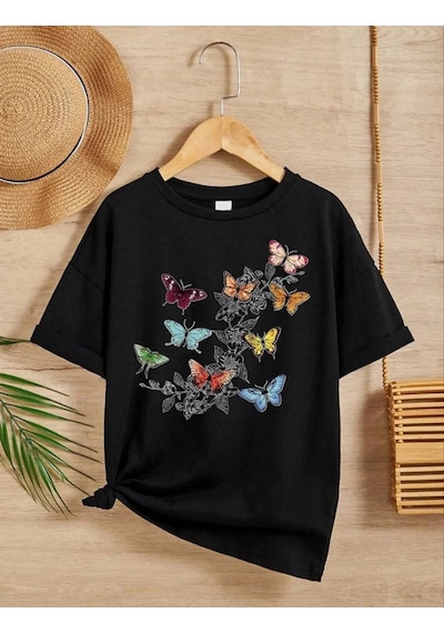 Barlashive Kız Çocuk Bisiklet Yaka Baskılı T-shirt - Siyah Çok Renkli