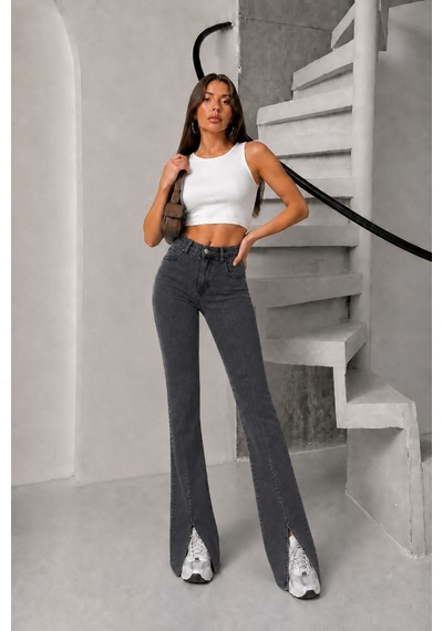 Bluemarlin Kar Siyah Likralı Esnek Paça Yırtmaçlı İspanyol/flare Denim Pantolon Kar Siyah