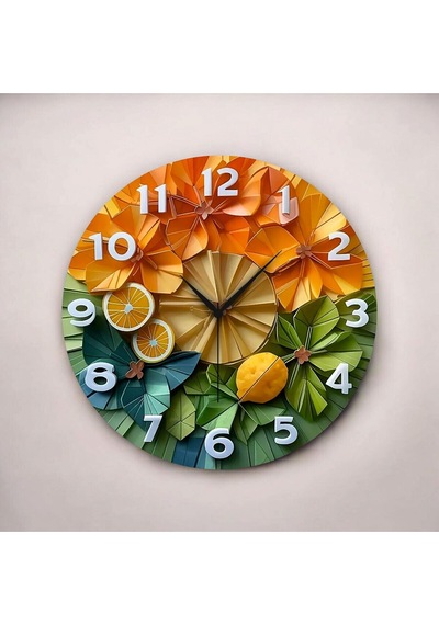 AA Shop Renkli Baskı Meyve Sebze Desenli Sayılı Hediyelik Ahşap Sessiz Duvar Saati 50cm ÇOk Renkli