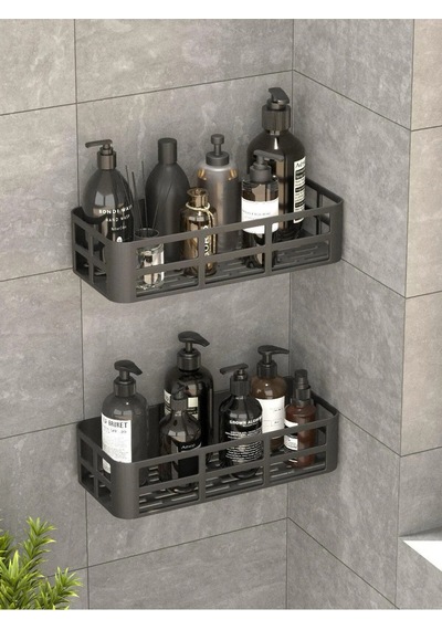 Banyo Düzenleyici Şampuanlık Sabunluk 2 Li Set Yapışkanlı Duşakabin Düzenleyici Organizer Siyah