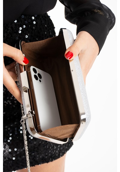 Daj Company Kadın Simli Düğün Şık Tasarım Abiye Portföy Clutch Kadın El Ve Omuz Çantası Gümüş