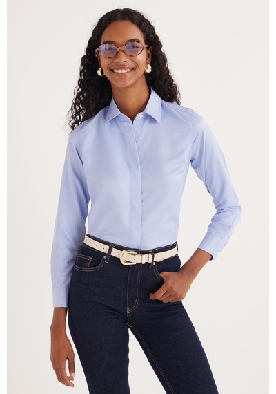 Tudors Kadın Slim Fit Dar Kesim Vucüda Oturan Uzun Kollu Gizli Düğme Detaylı Mavi Basic Gömlek-35556 Mavi