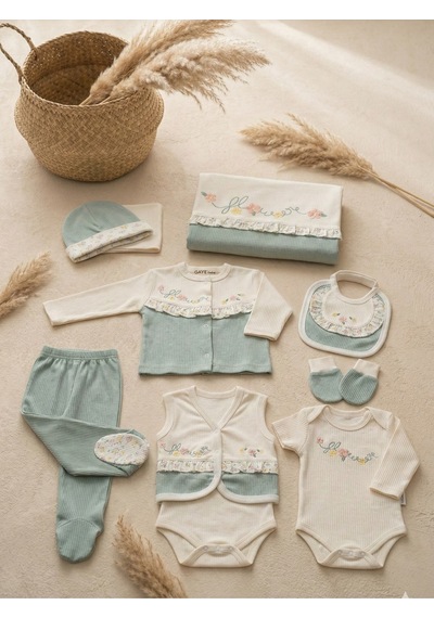 Nakışlı %100 Pamuk Unisex Bebek Hastane Çıkışı 10 Lu Set 0 1 Yaş Mavi