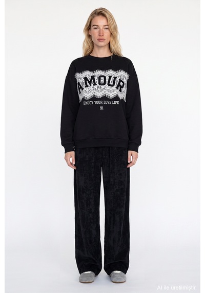 Quzu Dantel Detaylı Sweatshirt Siyah