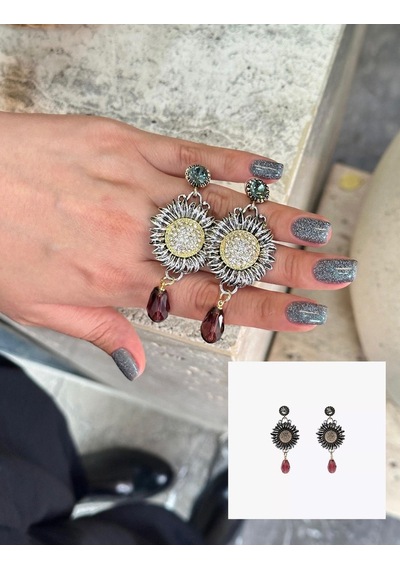 Marka Model Ayçiçeği Zirkon Taşlı Kadın Vintage Küpe Kadın Tasarım Küpe Gümüş