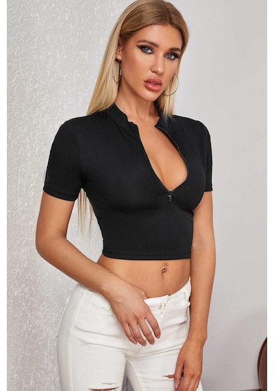 Veraura Lifestyle Kadın Siyah Yarım Fermuarlı Ve Kısa Kollu Crop Top Bluz