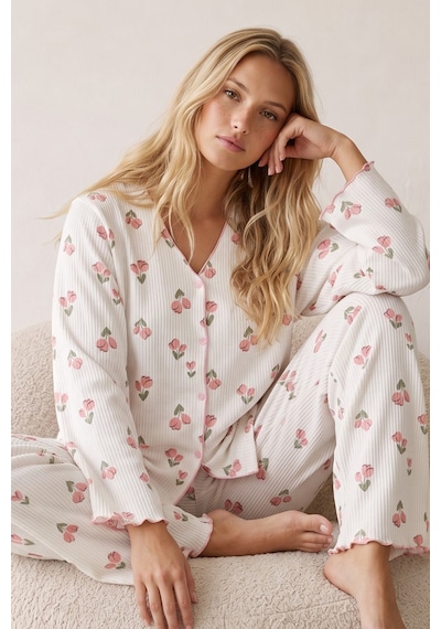 Siyah İnci Yumuşak Tuşe Kışlık Fitilli Pamuklu Örme Düğmeli Hırka Pijama Takım 8073 Lale
