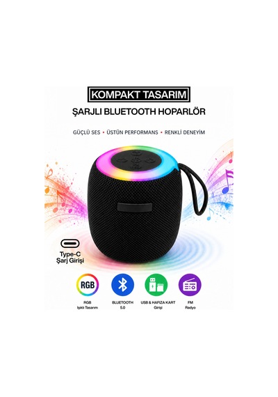 Metaforce Rgb Işıklı Şarjlı Bluetooth Hoparlör - Type-c - Fm Radyo - Usb - Hafıza Kartı Siyah