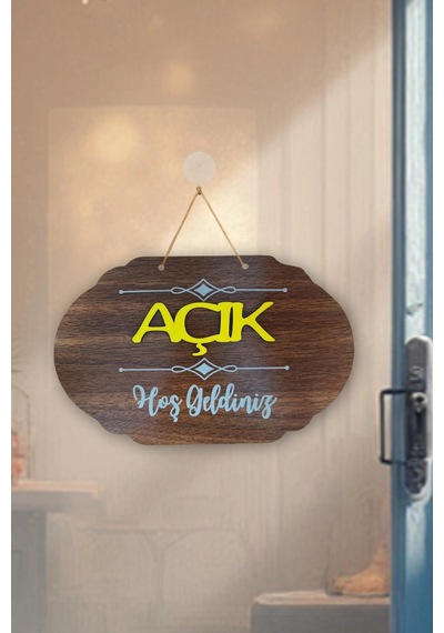 Dekoratif Ahşap Çift Taraflı 2d Açık-kapalı Yazısı - Ceviz