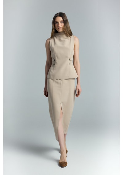 Sateen Jessi Yırtmaçlı Etek - Camel-137286