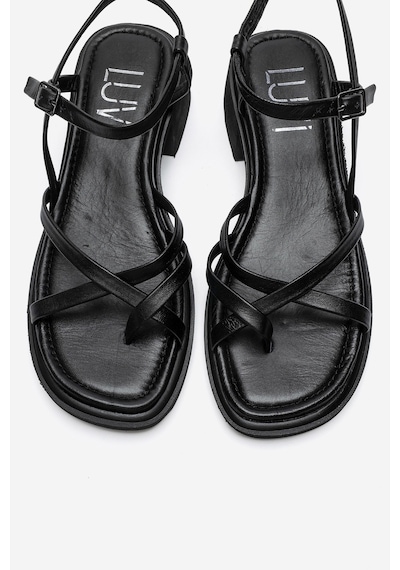 Luvi Shoes Cırelle Siyah Hakiki Deri Parmak Arası Kadın Kalın Topuklu Sandalet