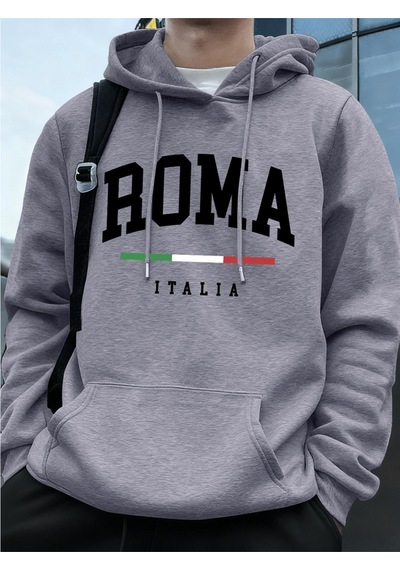 Startmore Startmoreroma Italia Mektup Baskı Erkek Tişörtü Kış Cep Kapüşonlular Moda Polar Sıcak Büyük Boy Kazakl Gri