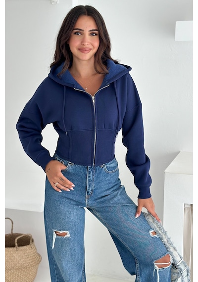 Kadın Siyah Fermuarlı Hoodie Minimal Sokak Ruhuyla Lacivert