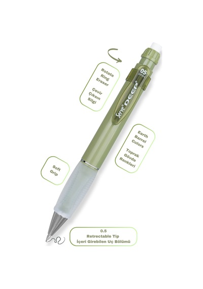 Serve Deep Versatil Kalem 05mm- Toprak Tonları - Yedekli Set Grip Ve Silgi Yaprak Yeşili Yaprak Yeşili