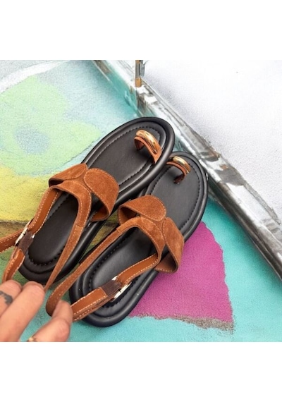 Ne&ve Shoes Taba Hakiki Süet Bilekten Bantlı Tokalı Parmak Arası Kadın Rahat Sandalet