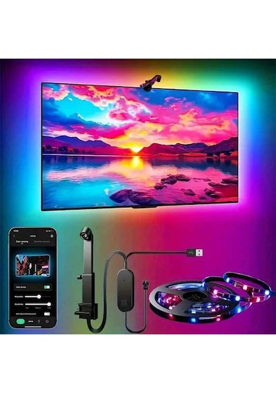 Techtic Kameralı Tv Arka Aydınlatması Led Şerit Ekran Ve Müziğe Senkronize Tv Ambiyans 55-75inç 5m