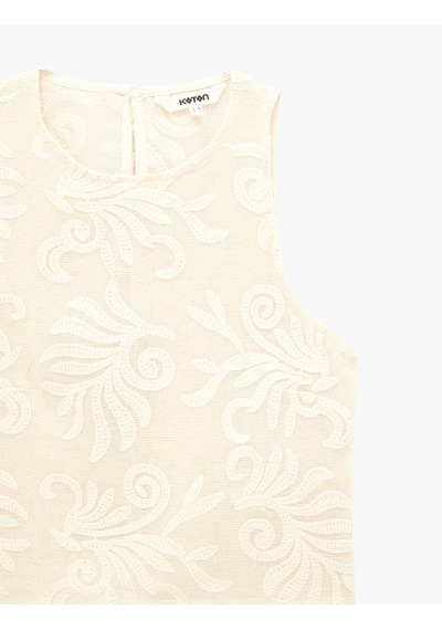 Koton Pamuklu Floral Dokulu Brodeli Kolsuz Bisiklet Yaka Bluz Bej 6sak30120ew Ekru