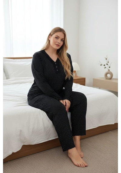 Eyfuze Kadın Büyük Beden Desenli Yakası Düğmeli Uzun Kollu Bambu Pijama Takımı Siyah