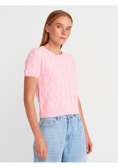 Dilvin 10788 Bisiklet Yaka Dokulu Triko Bluz-pembe Pembe