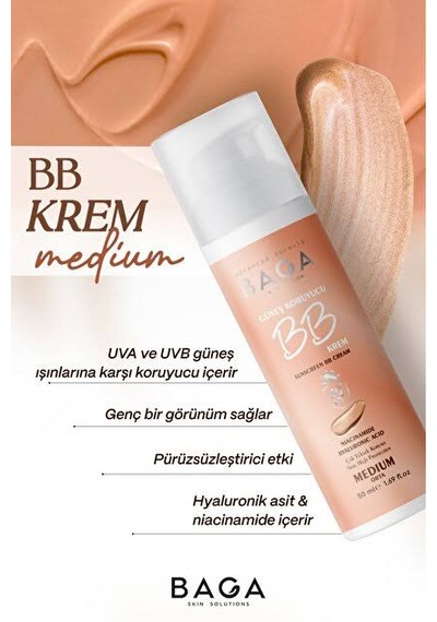 Baga 50+spf Bb Krem Medium Leke Oluşumunu Önlemeye Yardımcı Olur, Aydınlık Ve Canlılık Sağlar