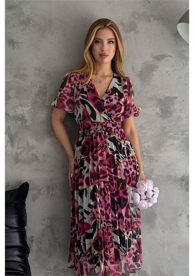 Neşeli Butik Kadın Fuşya Kruvaze Yaka Desenli Şifon Elbise Nbq001 Fuşya