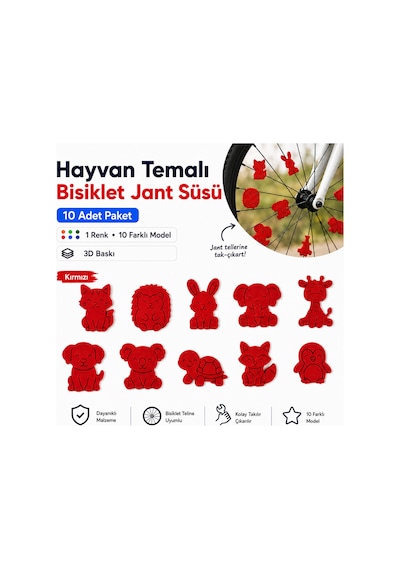 Hayvan Temalı Bisiklet Jant Süsü 20 Parça 2 Renk 10 Farklı Model Kırmızı-Mavi