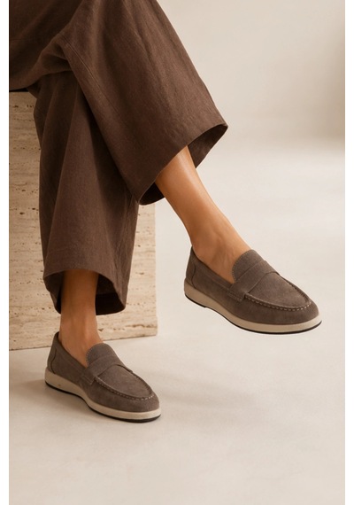 Sovenso Suede Hakiki Deri Gri Süet Loafer
