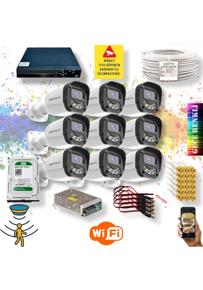 9 Kameralı Gece Renkli Hareket Algılamalı Warm Ledli Set 2304w