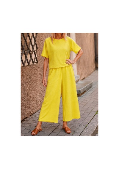 Butik İstanbul Kadın Kısa Kollu Kayık Yakalı Bluz Ve Pantolon Ikili Takım Sarı