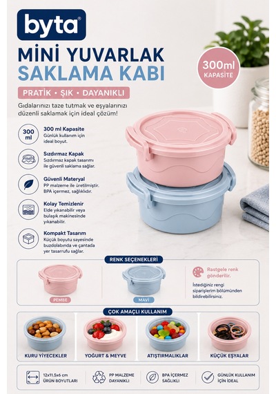 300 Ml Mini Yuvarlak Saklama Kabı Kilitli Kapaklı, Sızdırmaz, Bpa İçermez Karışık Renk Gönderilir Mavi