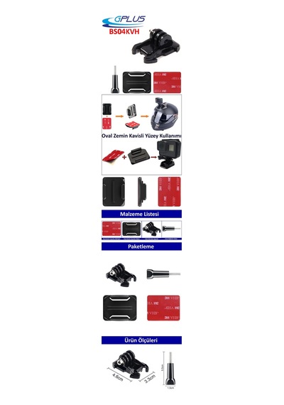 Gplus Bs04kvh 4 Parça Oval Zemin Eğimli Yüzey Vidalı Hızlı Tak Aksiyon Kamera Uyumlu 3m Yapışkanlı Motor Kask Bağlantı Base Seti Siyah