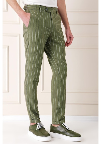 Efor Comfort Fit Yandan Tokalı Çizgili Keten Casual Haki Pantolon P 1151 Haki
