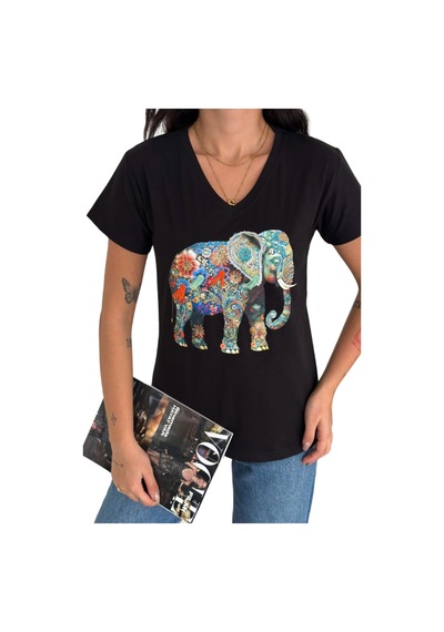 Cassime Kadın Fil Kuş Çiçek Pul Payet İşlemeli %100 Pamuk V Yaka Siyah T-shirt