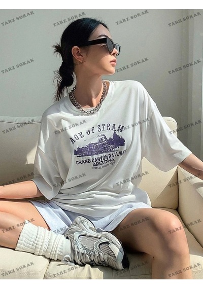 Startmore Ageo Of Steam Baskılı Oversize Kalıp Unisex T-shirt Beyaz