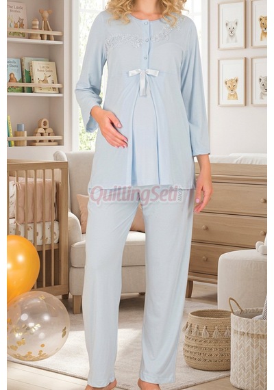 Quilling Lady Bebe Mavi Renkli, Dantel Detaylı 33209 Uzun Kol, 2 Parça Lohusa Hamile Pijama Takımı Açık Mavi M - L