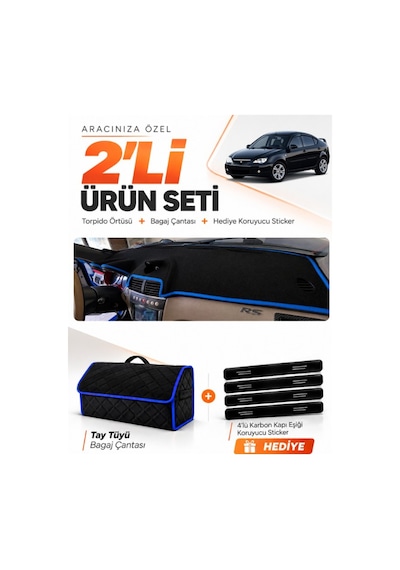 Proton Gen 2 2004-2011 Uyumlu Torpido Örtüsü + Tay Tüyü Bagaj Çantası + Sticker Seti - Siyah Mavi
