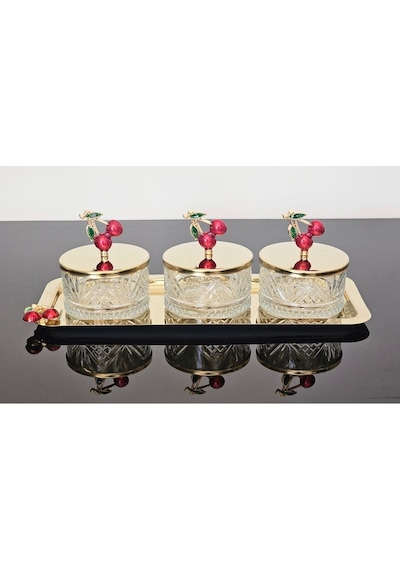 Atabey Home Collection 3'lü Kirazli Gold Tepsili Kase Seti & Şekerlik & Sunumluk & Çerezlik