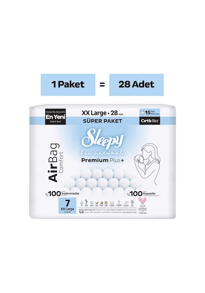 Sleepy Bio Natural Premium Plus Airbag Comfort Süper Paket Bebek Bezi 7 Numara Xxlarge 28 Adet