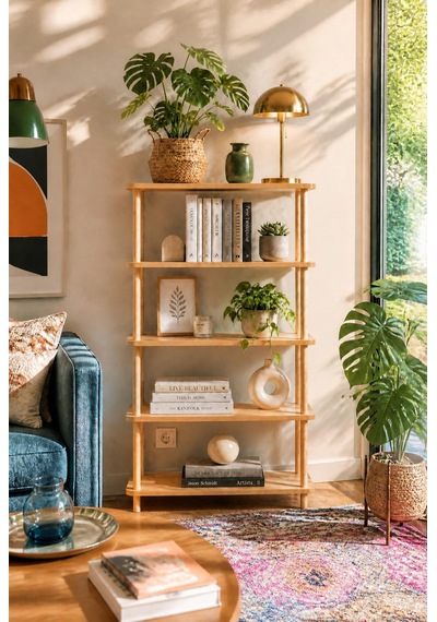 Tridihome 5 Katlı Kolay Kurulum Çok Amaçlı Raf Ünitesi Salon Ofis Çocuk Odası Doğal Ahşap Kitaplık Natural Ahşap