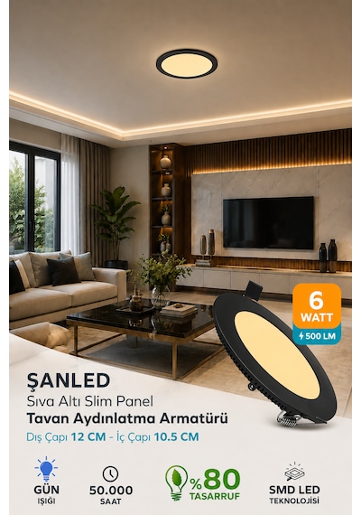 6w Tasarruflu Led Yuvarlak Siyah Kasa Gün Işığı Sıva Altı Panel Aydınlatma Armatürü 3 Adettir