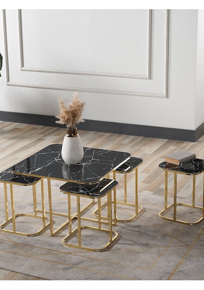 Pelikan 4+1 Siyah Mermer Temperli Cam Gold Metal Ayak Takım Sehpa Sedaş Living Units Sehpa