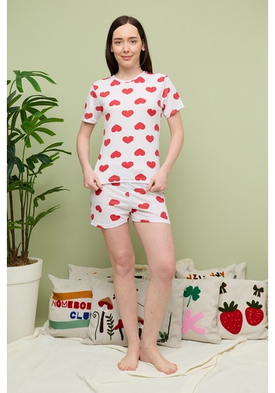 Fullamoda Kalp Baskılı Bisiklet Yaka Şortlu Pijama Takımı Beyaz