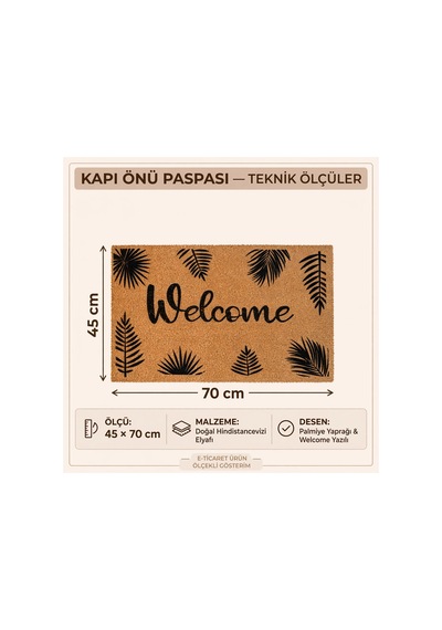 Coco Cc028a Welcome Yaprak Desenli Kalın Kaymaz Taban Nem Alıcı Şık Tasarım Kapı Önü Paspası 45x75 Cm Bej