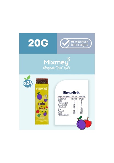 Mixmey Erik Meyve Barı 24 Adet | Atıştırmalıklar – Vegan, Glutensiz, Koruyucusuz (20GR X 24 ADET)