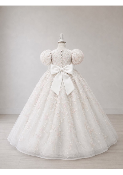 Star Kids Fashion Kız Çocuk Beyaz Prenses Elbisesi Çiçek İşlemeli Kabarık Tül Abiye Doğum Günü Düğün Özel Gün Elbisesi