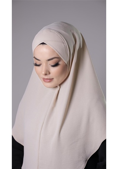Hürrem Bone Bej Pratik Hazır Geçmeli Tesettür Eşarp Aerobin Kumaş Çapraz Hijab 2307 12