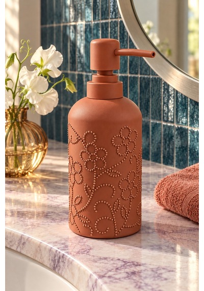 Rosıe Kiremit Çiçek Dokulu Yuvarlak Seramik Sıvı Sabunluk 350 Ml Karışık