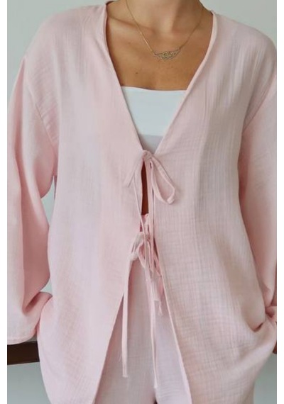 Balenbi Kadın Çift Bağlamalı Müslin Kumaş Kimono 1101 Pembe
